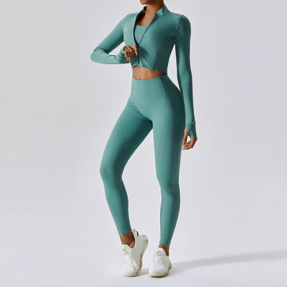 Conjunto de yoga de 3 piezas para mujer, conjuntos de entrenamiento, ropa deportiva para gimnasio, ropa deportiva con cremallera, leggings de manga larga y cintura alta, trajes deportivos, traje de yoga