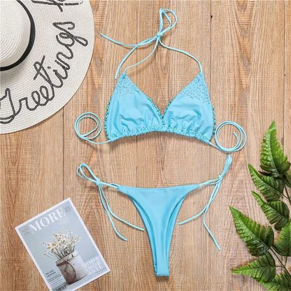 Bikini de lujo con perlas y escote halter, mini bikinis, micro bikinis, traje de baño femenino, conjunto de bikini de dos piezas, traje de baño para mujer