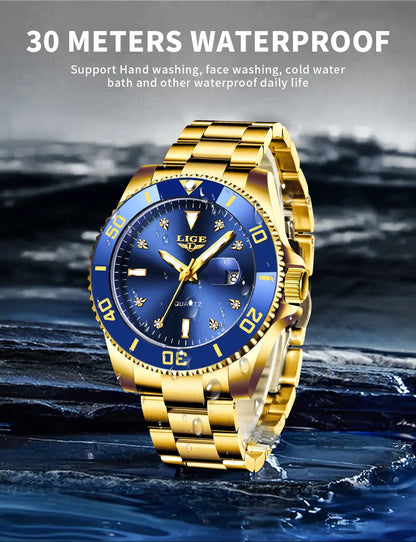 Relojes de moda LIGE para hombre, de lujo, luminosos, con calendario, para negocios, resistentes al agua, cronógrafo, de acero inoxidable, de cuarzo.