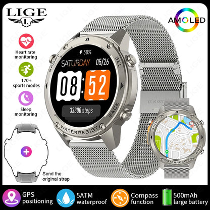 Nuevo reloj inteligente para exteriores para hombre, batería de larga duración de 500 mAh, pantalla AMOLED, resistente al agua hasta 5 ATM, monitor de ritmo cardíaco, GPS, reloj inteligente militar.