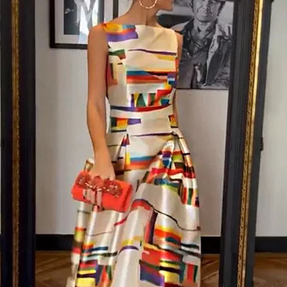 Vestido de noche elegante estampado con cuello redondo 2023, vestido sexy sin mangas con cintura descubierta, vestido largo plisado informal para oficina.