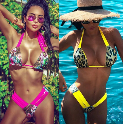 Bikini 2024 Sexy Leopardo Estampado Floral Halter Traje de Baño Traje de Baño Mujeres Bikini Conjunto Traje de Baño Playa Bikini Femenino Banadores Mujer