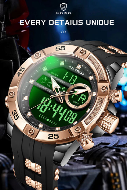 Reloj de pulsera de cuarzo de lujo FOXBOX para hombre, deportivo, impermeable, con doble pantalla, LED digital militar, de acero, para negocios + caja.