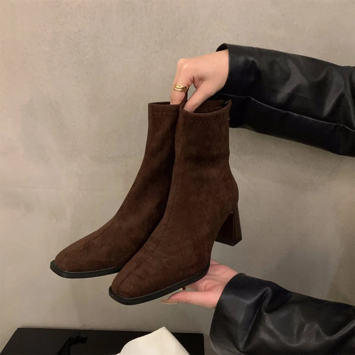 Vintage Women Ankle Boots 2024 Fashion Square Toe Thick High Shoes Autumn Winter New Ladies Elegant Stretch Slim Short Booties