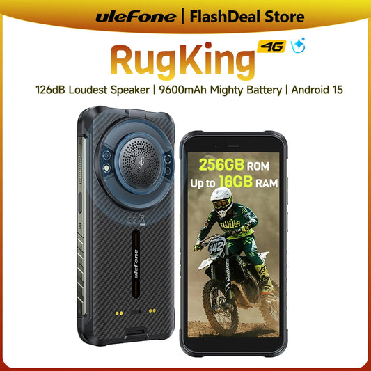 Ulefone RugKing 4G Smartphone resistente Android 15 Hasta 16 GB de RAM + 256 GB de ROM 9600 mAh NFC Pantalla de 5,99" Altavoz potente Resistente al agua