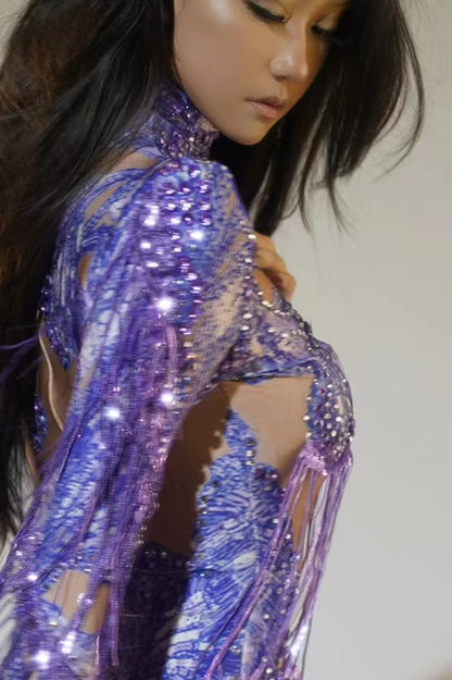 Sexy Skinny Leotard Singer Dancer Show StageWear Sparkly Blue Rhinestones Women DanceCostume Fringes One Shoulder Bodysuit  7G