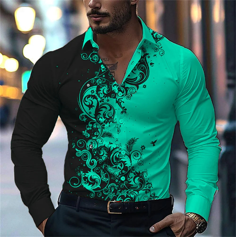 Camisa estampada con degradado para hombre, estilo informal elegante, manga larga con solapa, ideal para fiestas y eventos sociales, 9 colores