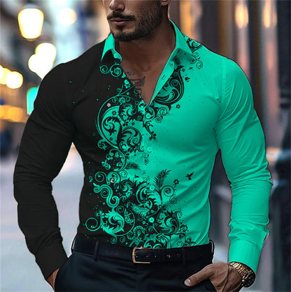 Camisa estampada con degradado para hombre, estilo informal elegante, manga larga con solapa, ideal para fiestas y eventos sociales, 9 colores