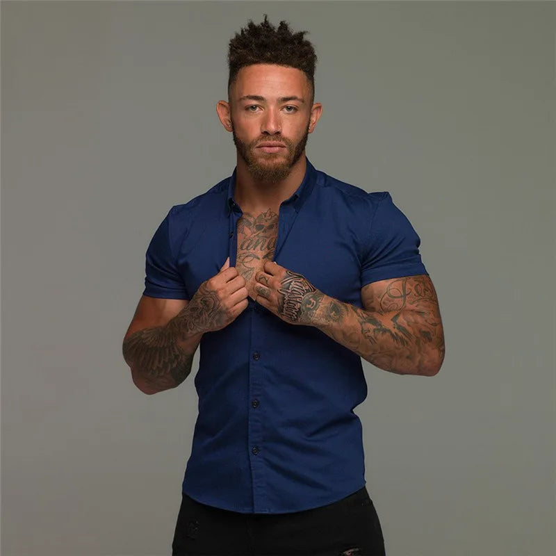 Camisas de vestir ajustadas para hombre, estilo casual de verano, con cuello vuelto, manga corta y botones LXDZ-110