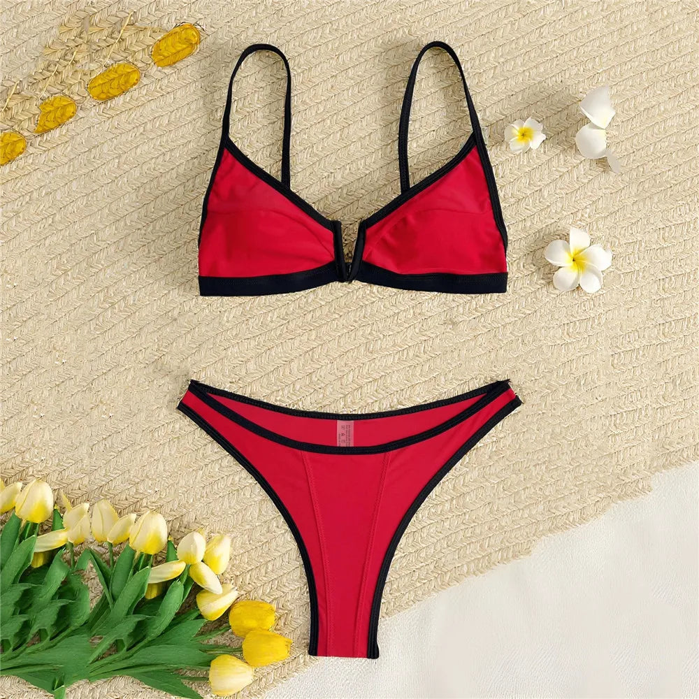 Conjuntos de bikini negros sexys con borde rosa, traje de baño con cuello en V para mujer 2025, microtanga de corte alto, bikinis de mujer