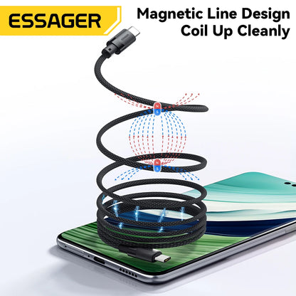 Cable de carga rápida USB-C a C Essager PD de 100 W con succión magnética y antienrollamiento para iPhone 15, portátil y Samsung.