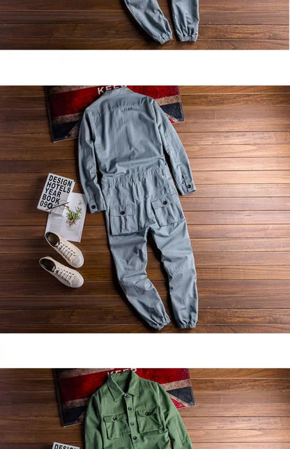 Spring Overalls Men's Jumpsuit Loose Long Sleeve Cotton Cargo Pants Black Yellow Workwear Trousers Working Uniform Rompers