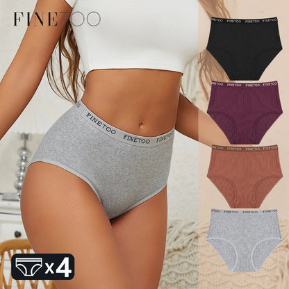 Conjunto de 4 bragas de algodón acanaladas a rayas para mujer, tallas grandes, cintura alta, transpirables, lencería lisa, pantalones cortos S-XXL