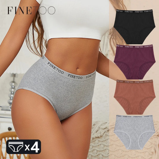 Conjunto de 4 bragas de algodón acanaladas a rayas para mujer, tallas grandes, cintura alta, transpirables, lencería lisa, pantalones cortos S-XXL