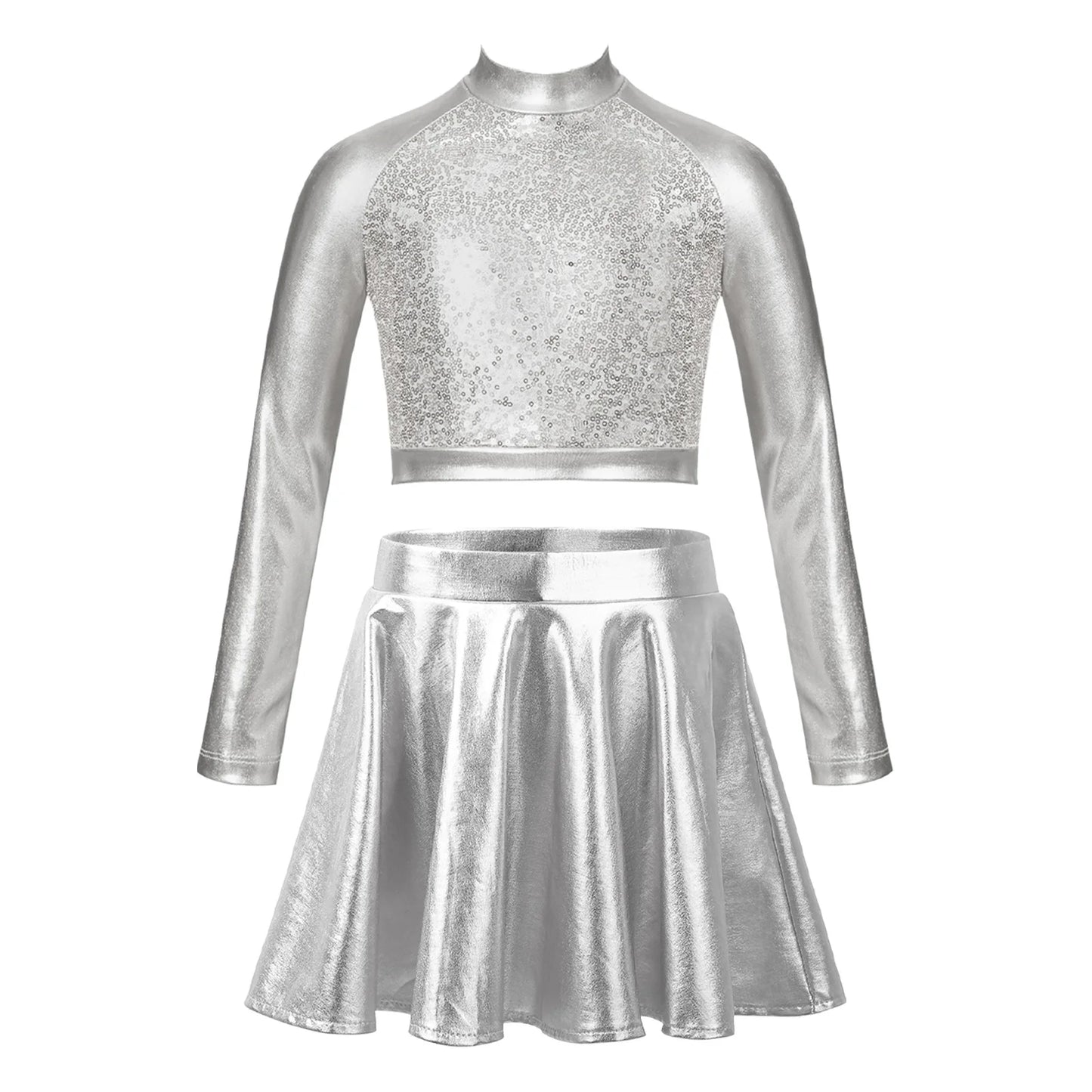 Ropa para niños, blusas sin mangas metálicas para niñas, minifalda plisada acampanada, conjunto de 2 piezas para niños, ropa de baile