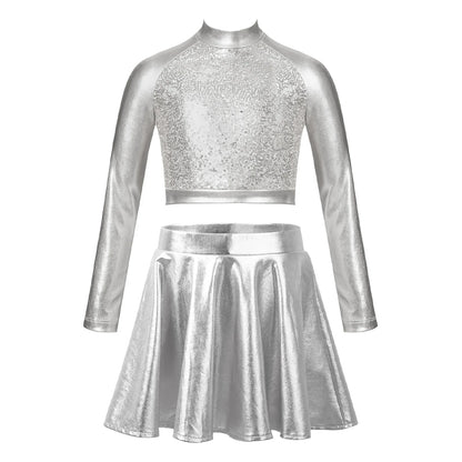 Ropa para niños, blusas sin mangas metálicas para niñas, minifalda plisada acampanada, conjunto de 2 piezas para niños, ropa de baile