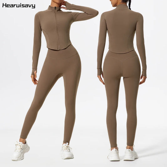 Hearuisavy - Conjunto deportivo de 2 piezas de manga larga para mujer, tejido ultrasuave, ropa de yoga de secado rápido, leggings de entrenamiento, chaquetas deportivas