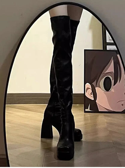 Autumn Winter Street Style Stretch Over The Knee Boots Women Fashion Round Toe Square Platform Heels Long Booties