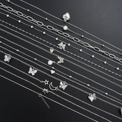 Juego de 13 collares sencillos con temperamento, mariposa, perla, corazón, estrella, circonita, color plateado, para mujer, joyería de moda, regalo