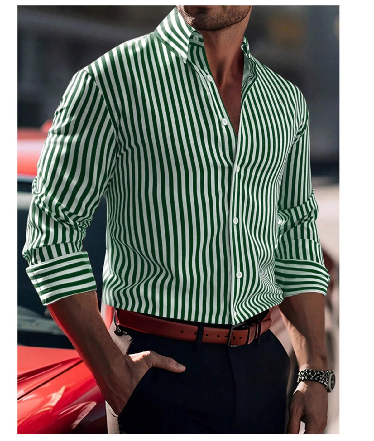 Camisa de hombre de la serie Tiki, color liso, manga larga, estilo informal elegante, ideal para primavera/verano, con botones en la solapa y confeccionada en tela cómoda.