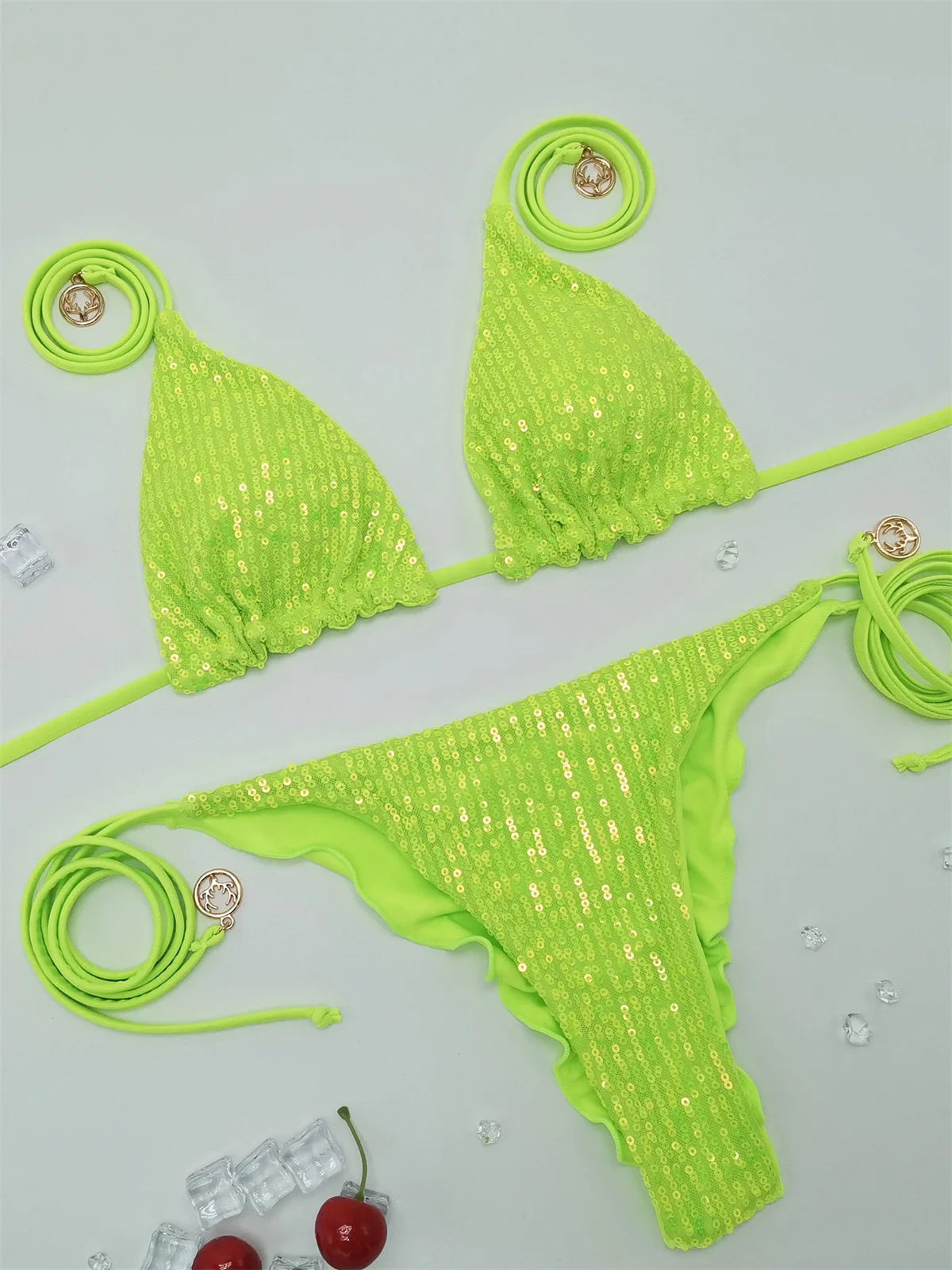 Bikini unicolor con purpurina, bañador sexy con cuello halter, traje de baño para mujer, conjunto de bikini con lentejuelas brillantes, ropa de playa, bikini brasileño