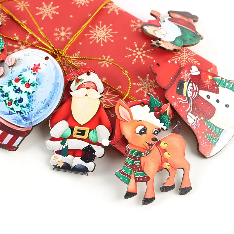 (12 piezas/paquete) Colgante de decoración navideña de madera pintado para colgar en la fiesta de Año Nuevo, árbol de Navidad, decoración del hogar, foto