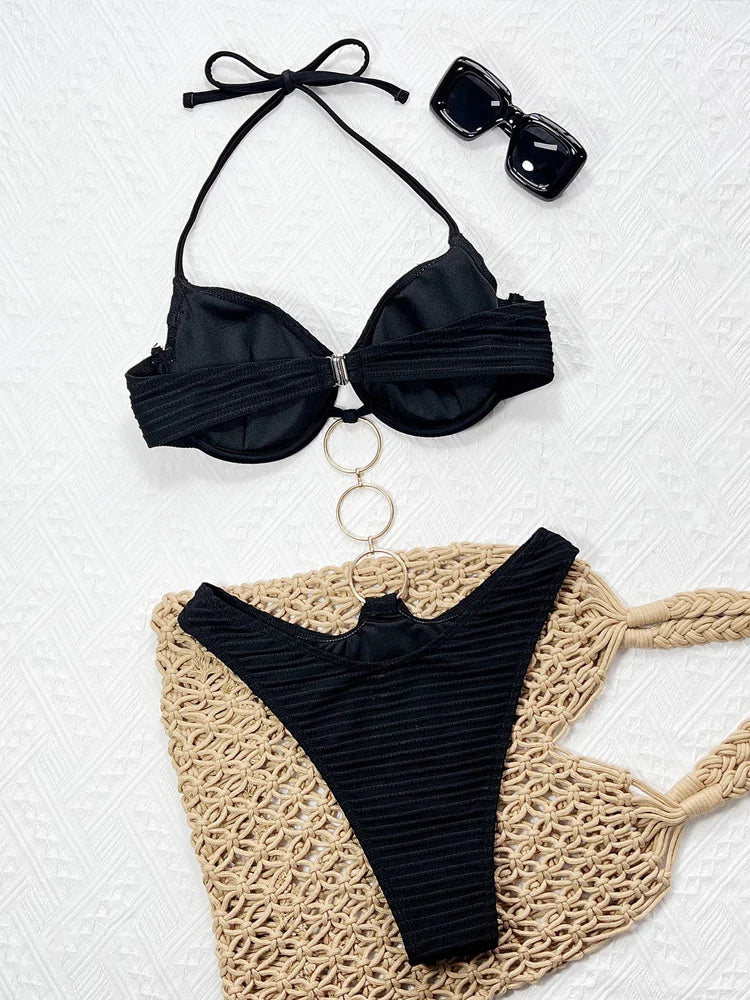 Vigoashely 2025 Women Sexy Black Hollow Swimwear Tied Halter Push UP One Piece Swimsuit Monokini Lady Push UP Beach Bathing Suit