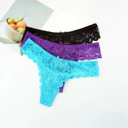 Tanga sexy de encaje de cintura baja para mujer, bragas transparentes, ropa interior erótica, 3 unidades, envío gratis
