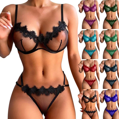 Conjunto de lencería sexy Tornova, color sólido, encaje transparente, conjunto de dos piezas, encaje de malla con parches, ropa interior femenina atractiva.