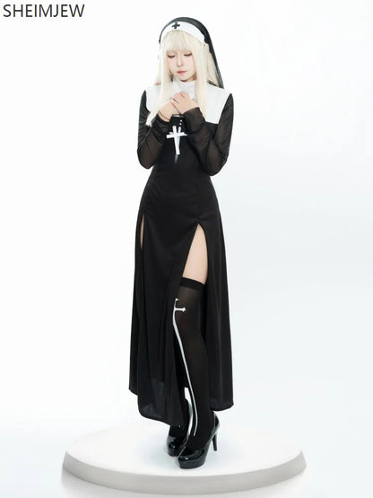 Sexy Anime Nun Cosplay Costume Women Fancy Dress Uniform Halloween Party Adult Madonna Dress Black Fancy Robe Headdress Set 2025