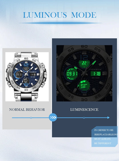 Reloj de pulsera deportivo para hombre FOXBOX Fashion Luxury Quartz, militar, impermeable, con doble pantalla, cronógrafo luminoso + CAJA