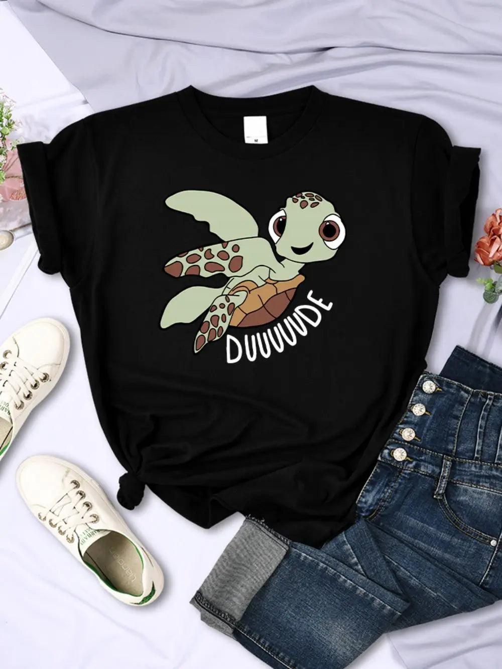 Camisetas sencillas para mujer, con estampado de letras de tortuga de dibujos animados, camisetas cómodas y suaves con cuello redondo, ropa informal de verano para mujer
