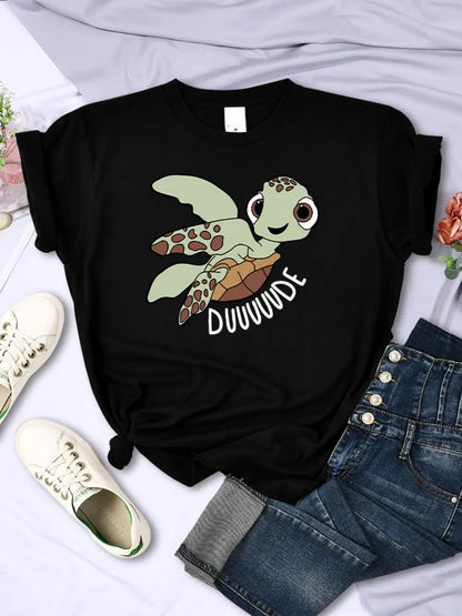 Camisetas sencillas para mujer, con estampado de letras de tortuga de dibujos animados, camisetas cómodas y suaves con cuello redondo, ropa informal de verano para mujer