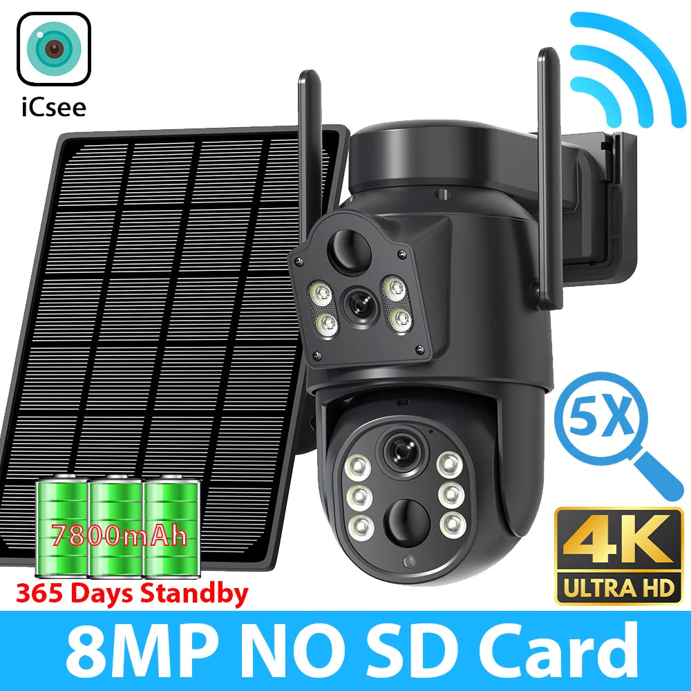 Cámara de seguridad exterior inalámbrica ICSEE de 8 MP, 4K, Wi-Fi, doble lente, 8MP, 4K, solar, con batería de 7800 mAh y 365 días de autonomía en espera.