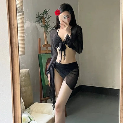 Women's Red Bali Four-Piece Bikini Set Slimming Cover-Up Swimwear Solid Flattering Two-Piece Vacation Beachwear Swimsuit