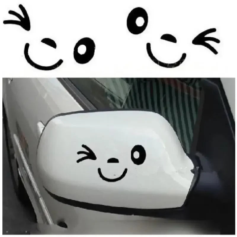 2 pegatinas reflectantes con sonrisa para espejo retrovisor de coche, diseño de cara sonriente de dibujos animados para todos los coches.