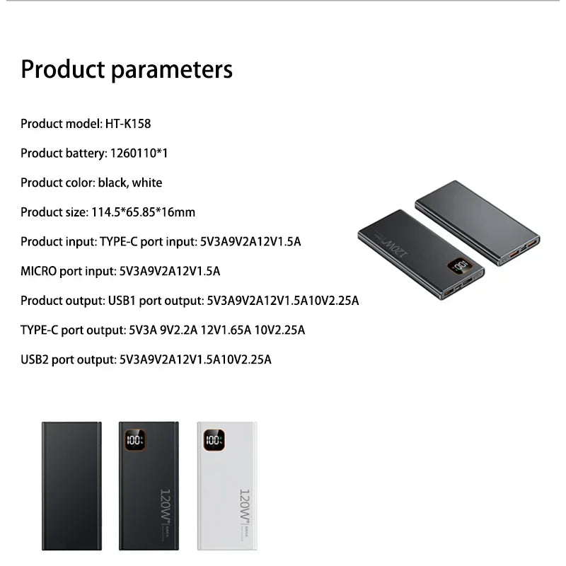 Batería externa portátil Xiaomi de 500.000 mAh y 120 W con carga ultrarrápida y gran capacidad, con pantalla digital para iPhone y Huawei.