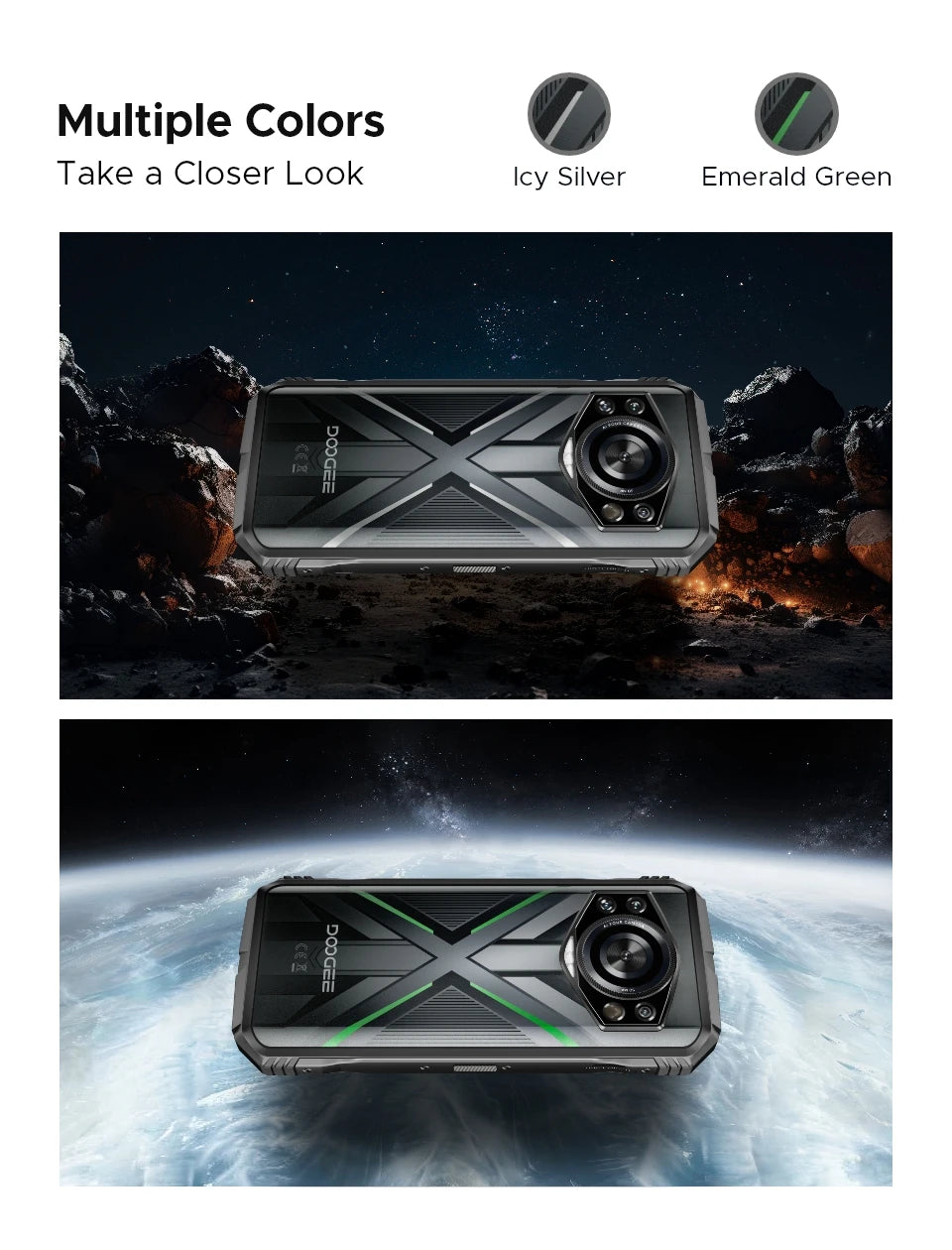 Teléfono resistente DOOGEE S Cyber ​​Pro, 12 GB de RAM, 512 GB de almacenamiento, procesador Helio G100, pantalla IPS FHD+ de 6,6" y 120 Hz, batería de gran capacidad de 10800 mAh, carga de 33 W y NFC.