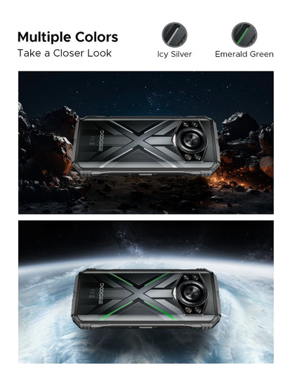 Teléfono resistente DOOGEE S Cyber ​​Pro, 12 GB de RAM, 512 GB de almacenamiento, procesador Helio G100, pantalla IPS FHD+ de 6,6" y 120 Hz, batería de gran capacidad de 10800 mAh, carga de 33 W y NFC.