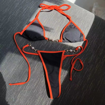 Bikini sexy acanalado, microbikini, novedad de 2023, bañador de cadena para mujer, traje de baño brasileño, bikini blanco y naranja.