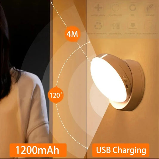 Luz nocturna LED con carga USB, sensor de movimiento inteligente para mesita de noche, armario, iluminación del hogar, lámpara LED