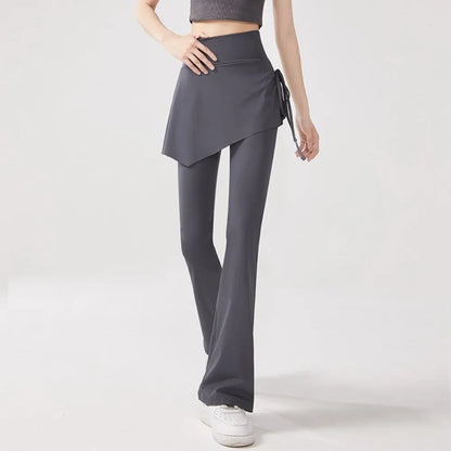 Leggings deportivas 2 en 1 con diseño de falda, dobladillo acampanado, cintura alta y cordón ajustable para yoga, actividades al aire libre y fitness.