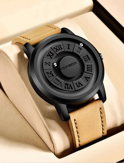 Reloj de cuarzo para hombre FOXBOX, moda, personalidad, creativo, con bola de hierro giratoria, puntero magnético, resistente al agua, para hombre, regalo + caja.