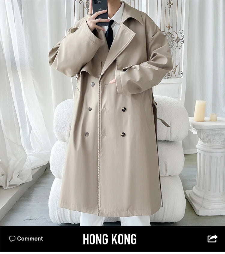 Gabardina de hombre, corte ajustado, cruzada, con cinturón, cortavientos, solapa, chaqueta larga, informal, impermeable, tallas M-5XL