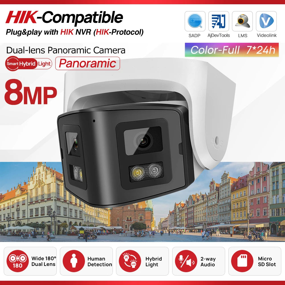 Cámara panorámica de doble luz de 4 MP y 8 MP con PoE, micrófono y altavoz integrados, detección humana, visión nocturna a color y sistema de vigilancia compatible con Hikvision.