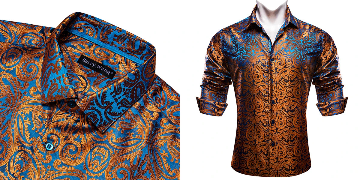 Camisas de seda de diseño para hombre en azul, dorado, verde, rojo, blanco y negro. Estampado cachemir bordado. Corte ajustado. Blusas casuales de manga larga.