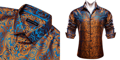 Camisas de seda de diseño para hombre en azul, dorado, verde, rojo, blanco y negro. Estampado cachemir bordado. Corte ajustado. Blusas casuales de manga larga.