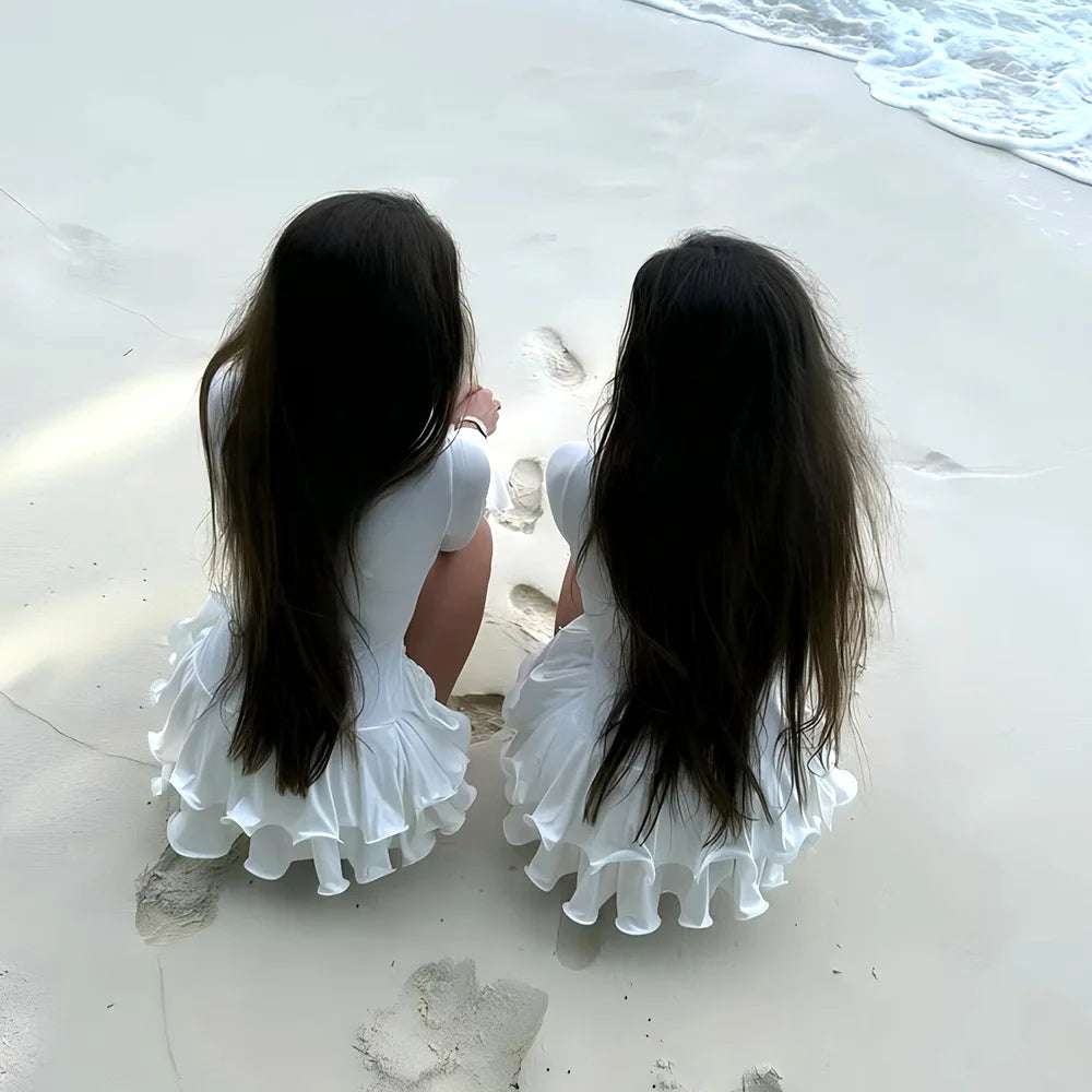 Vestido corto de mujer con volantes, patchwork blanco y negro, manga larga acampanada, encaje y cordones, para fiesta, noche, mini vestido, azul, rosa, rojo.