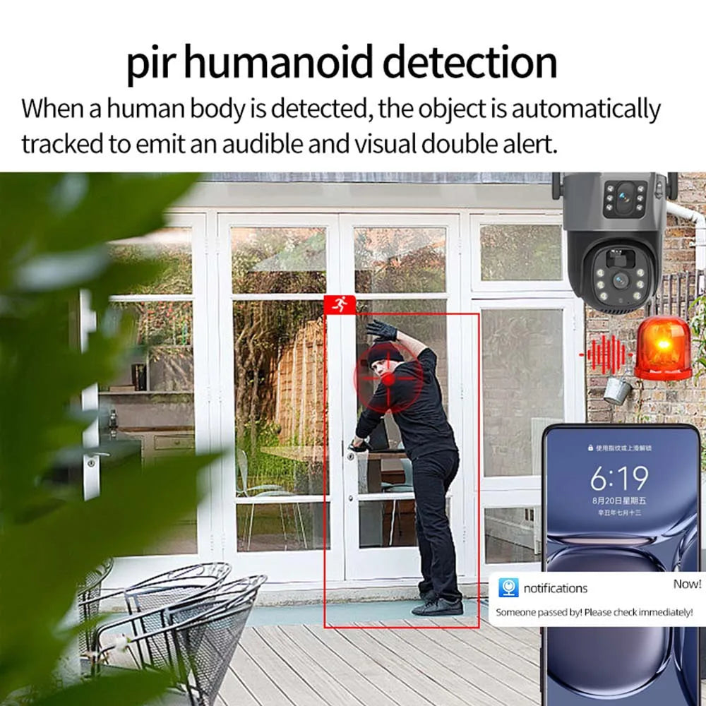 Cámara solar WiFi 4K de 8MP para exteriores, cámara de vigilancia CCTV inalámbrica con panel solar, doble lente, cámara IP PTZ y protección de seguridad.