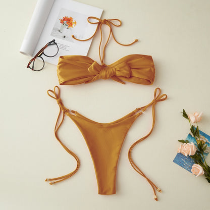 2025 Women's Patchwork Summer Bikini Set Solid Color Metal Ring Strapless Bra with Tie-up Low Waist Shorts 2 Pcs Swimsuit